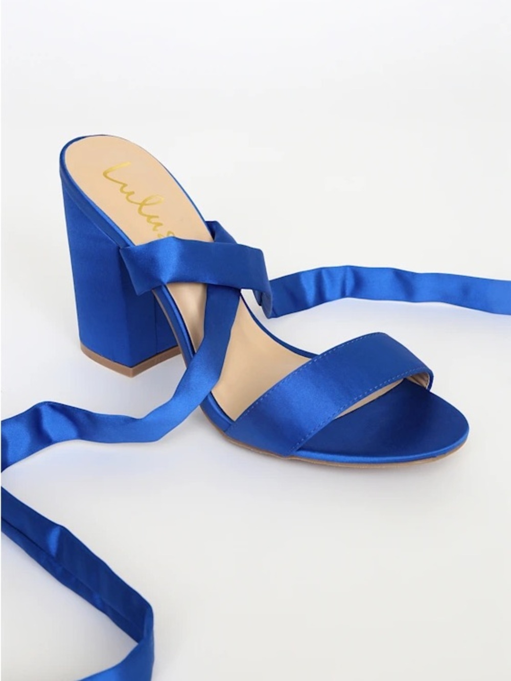 Lulu's Cobalt Satin Lace-Up Block Heel Sandals